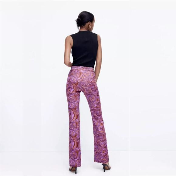 2/$30 ZARA Swirl Geometric Print Flared Trousers High Rise Purple Small #8395 - Picture 5 of 8